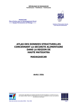 Atlas Des Donnees Structurelles Concernant La Securite Alimentaire Dans La Region De Haute Matsiatra