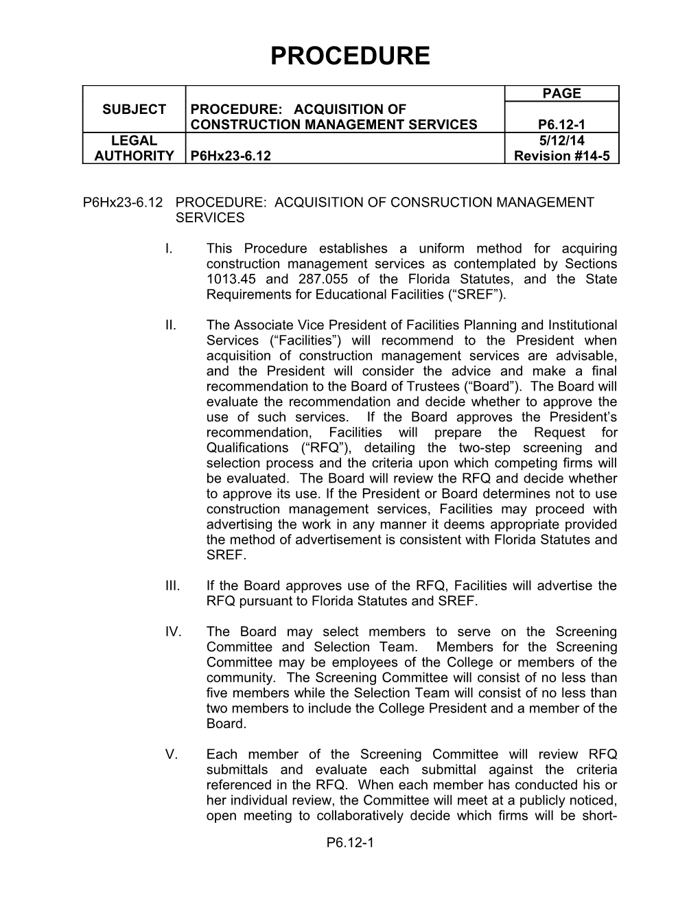 P6hx23-6.12 PROCEDURE: ACQUISITION of CONSRUCTION MANAGEMENT SERVICES