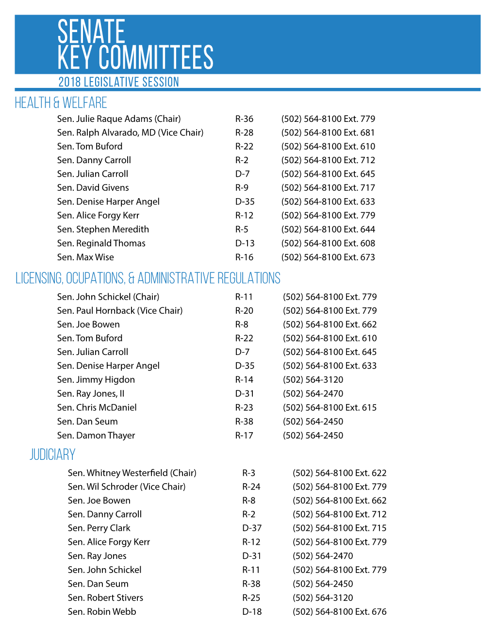 Senate Key Committees 2018 Legislative Session Health & Welfare Sen