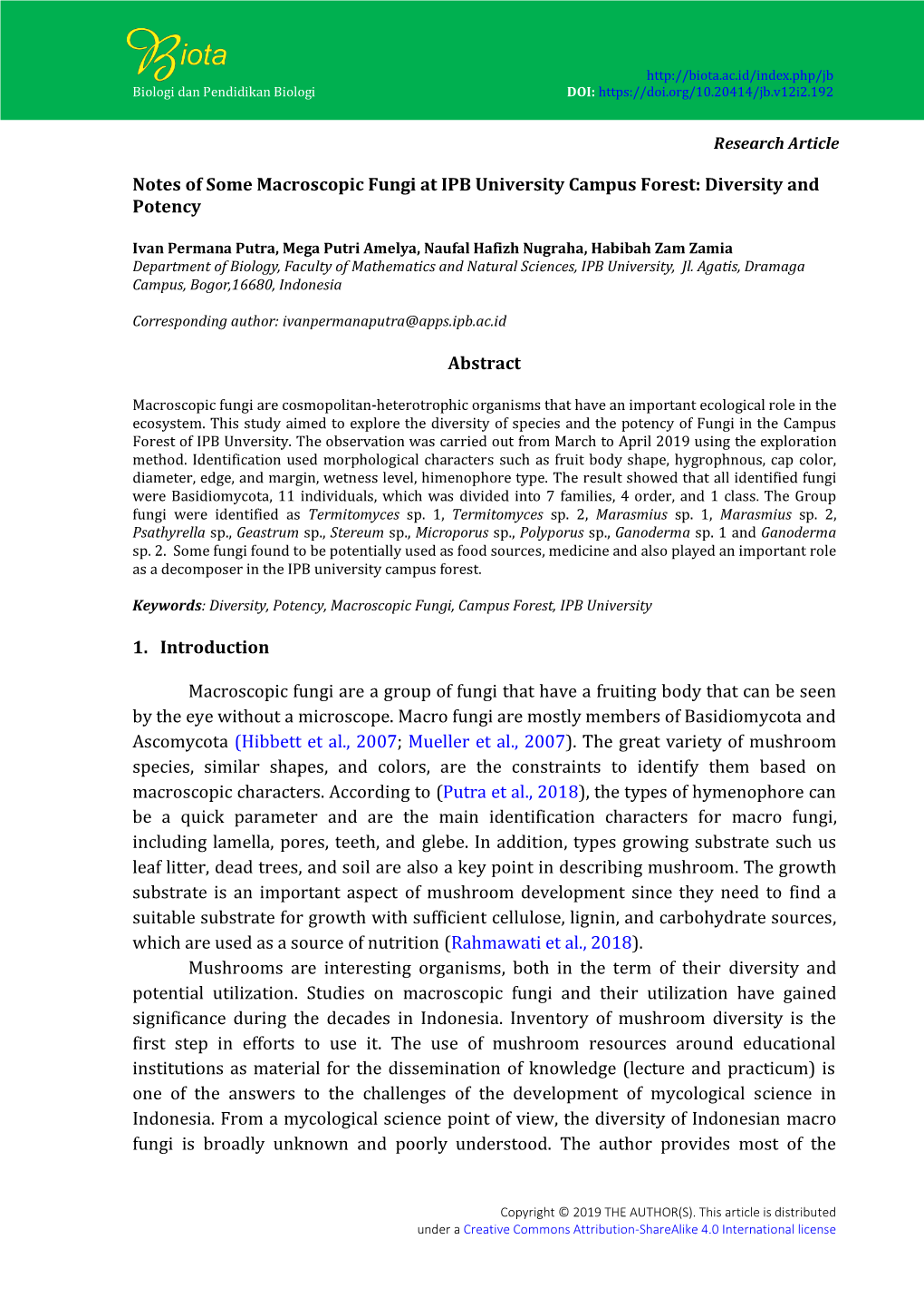 Notes of Some Macroscopic Fungi at IPB University Campus Forest: Diversity and Potency