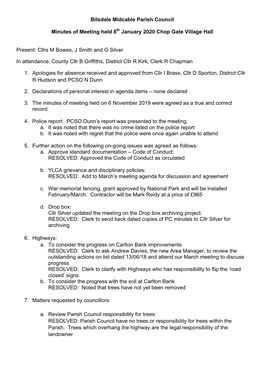 Draft Minutes of Parish Council Meeting 8Th January 2020