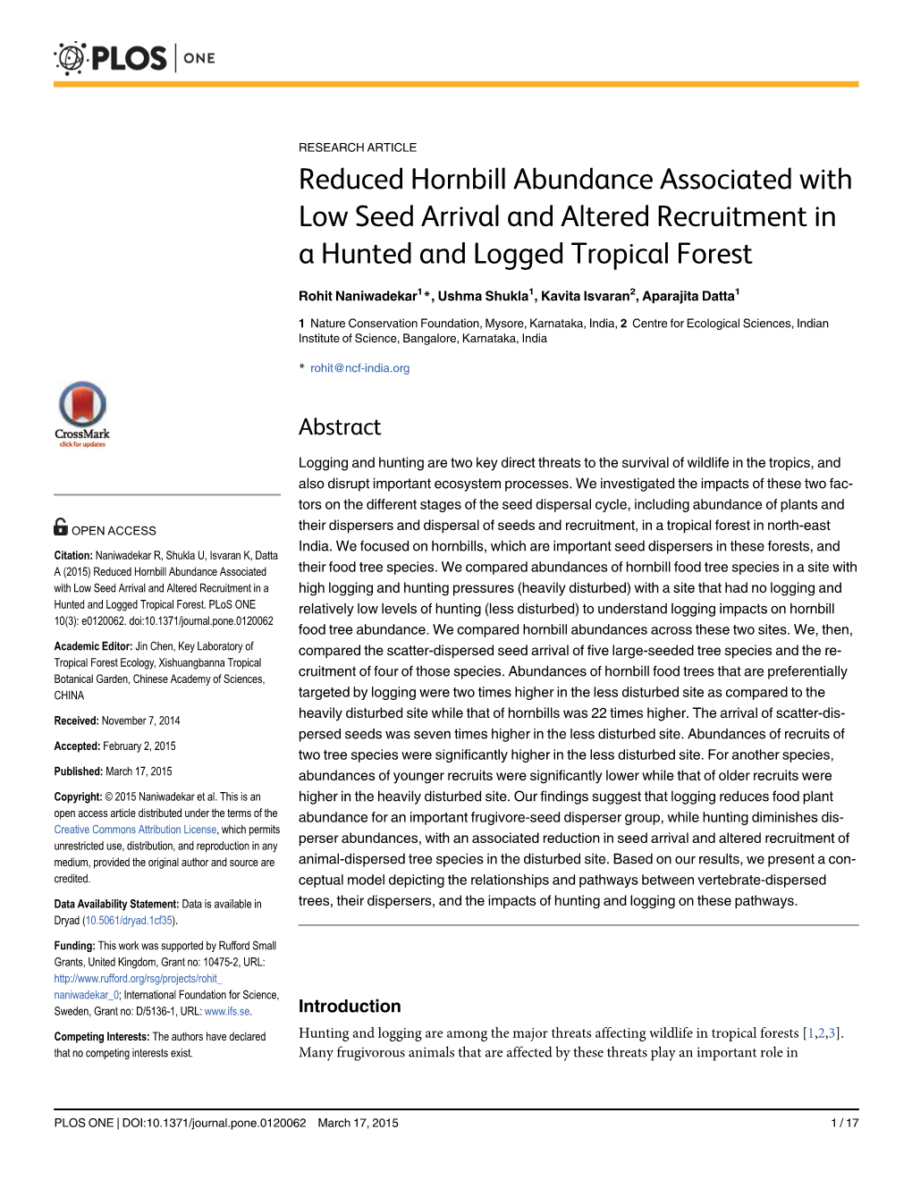 Reduced Hornbill Abundance Associated with Low Seed Arrival and Altered Recruitment in a Hunted and Logged Tropical Forest