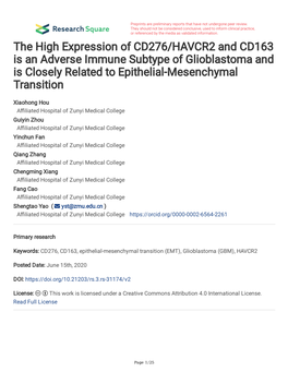 The High Expression of CD276/HAVCR2 and CD163 Is an Adverse Immune Subtype of Glioblastoma and Is Closely Related to Epithelial-Mesenchymal Transition