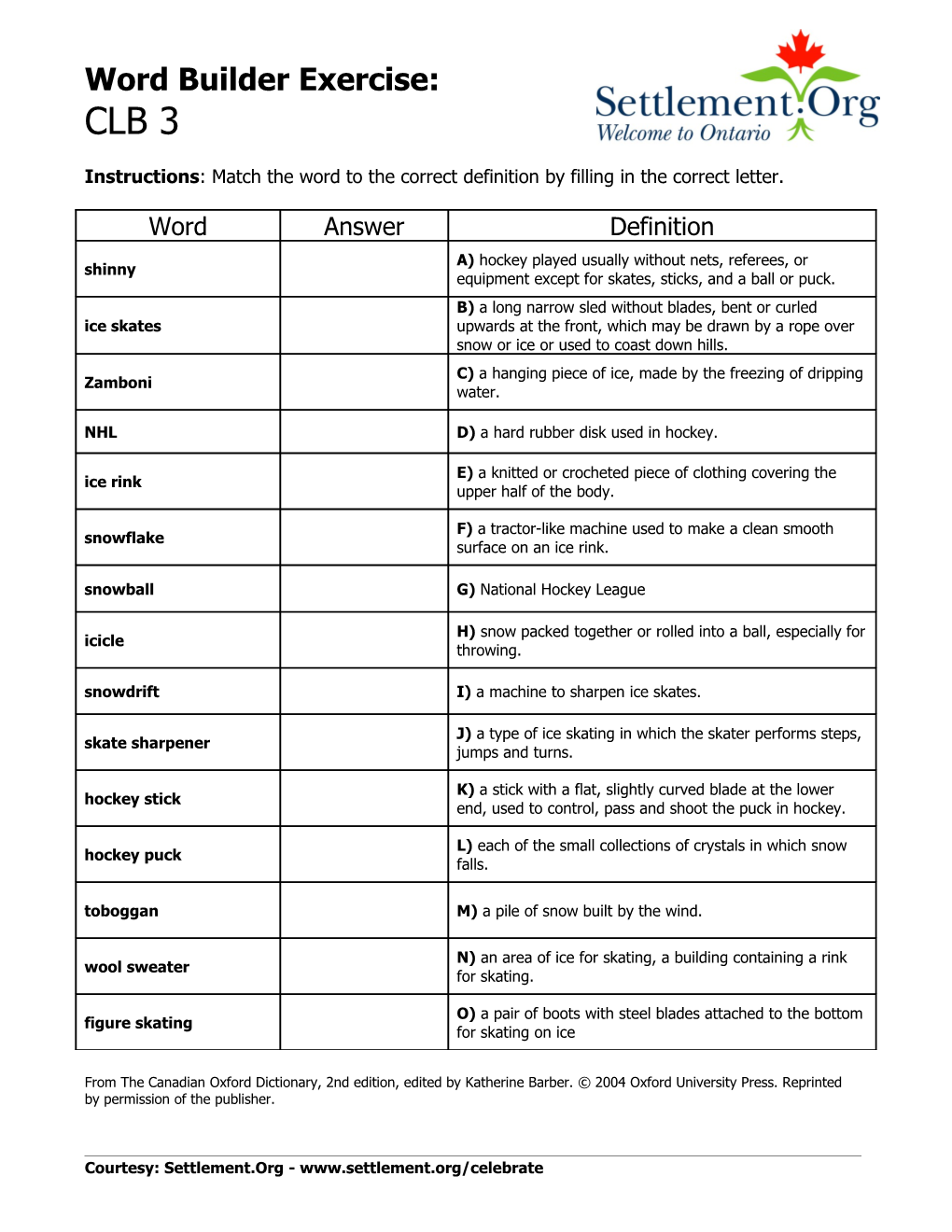 Instructions: Match the Word to the Correct Definition by Filling in the Correct Letter