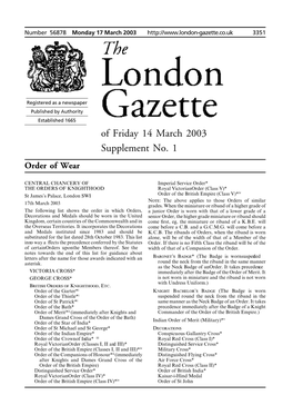 Of Friday 14 March 2003 Supplement No. 1 Order of Wear