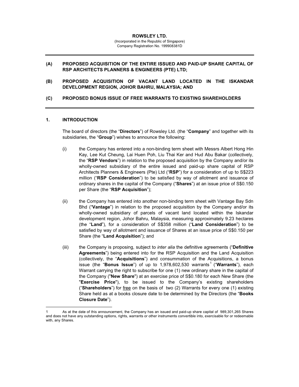 Proposed Acquisition of the Entire Issued and Paid-Up Share Capital of Rsp Architects Planners & Engineers