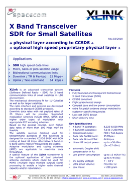 X Band Transceiver SDR for Small Satellites Rev.02/2018  Physical Layer According to CCSDS   Optional High Speed Proprietary Physical Layer 