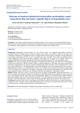 Original Research Article Outcome of Standard Tabularized Incised Plate Urethroplasty Repair Using Dartos Flap and Tunica Vaginalis Flap in of Hypospadias Cases