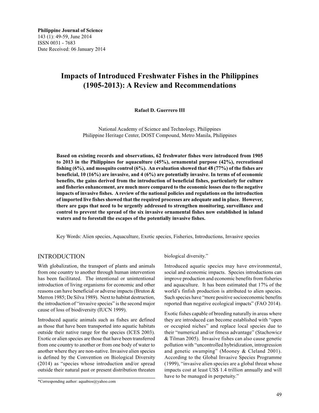 Impacts of Introduced Freshwater Fishes in the Philippines (1905-2013): a Review and Recommendations