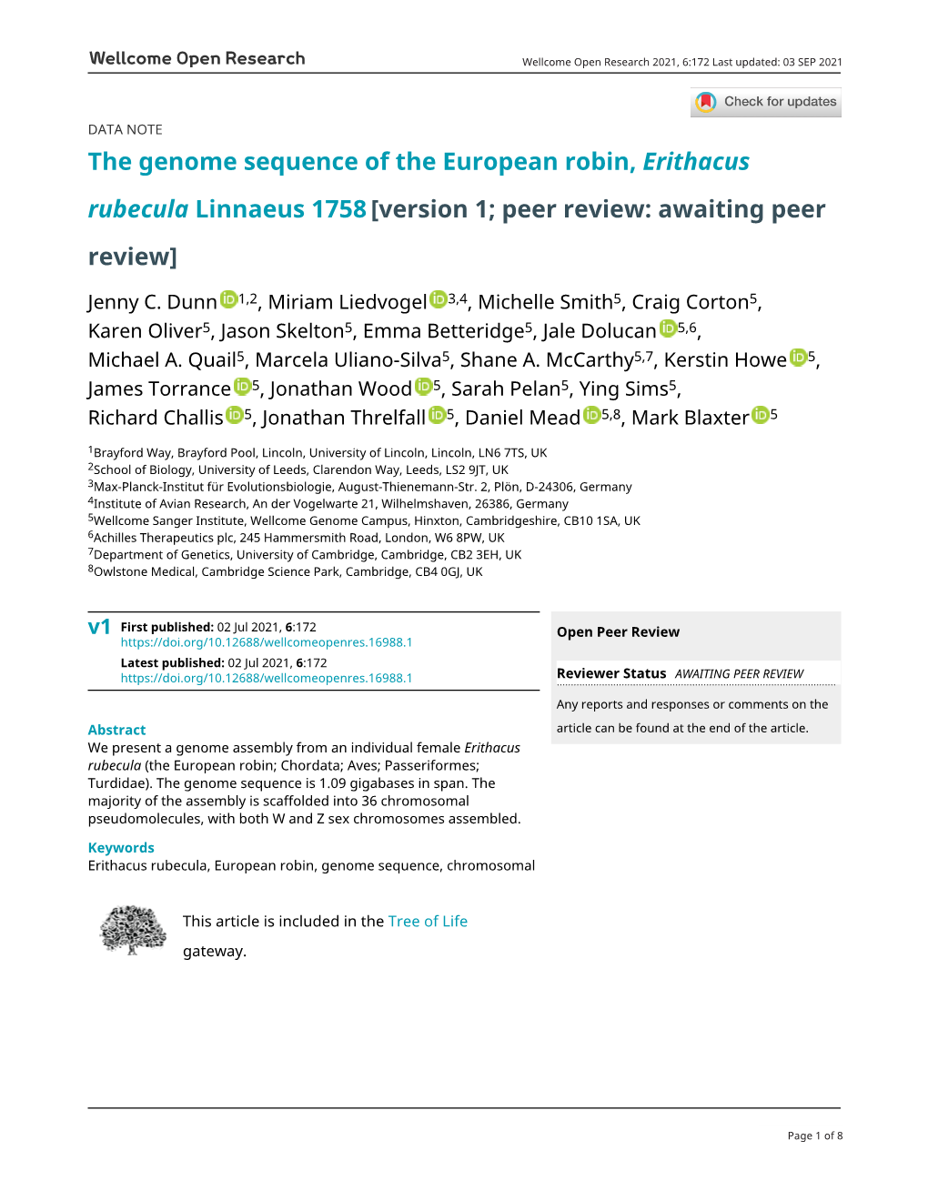 The Genome Sequence of the European Robin, Erithacus Rubecula Linnaeus 1758 [Version 1; Peer Review: Awaiting Peer Review]