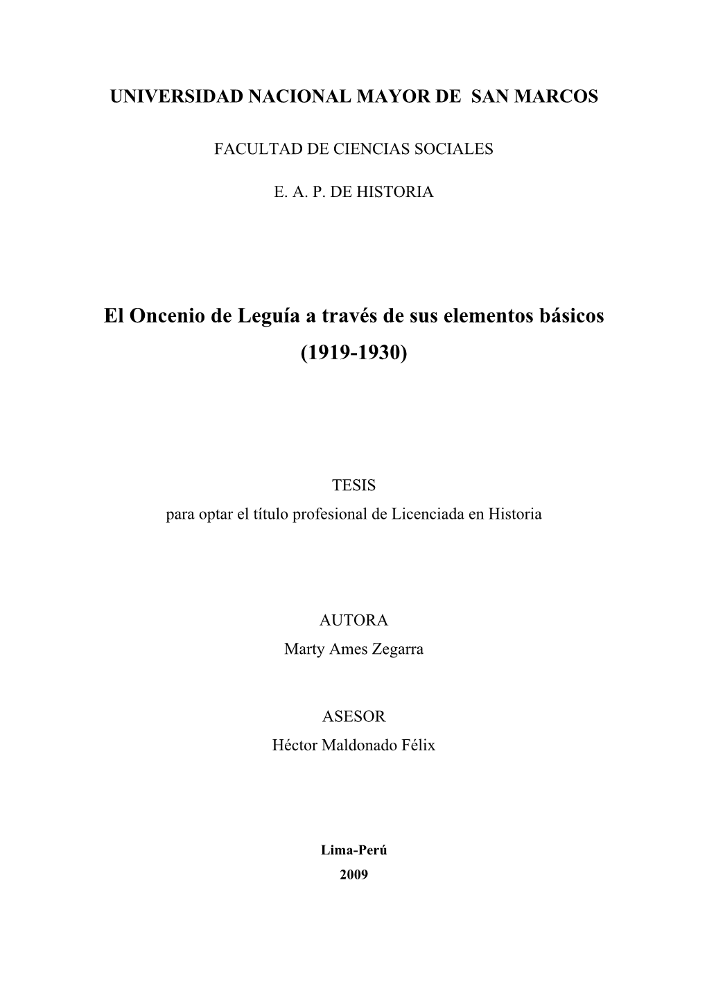 El Oncenio De Leguía a Través De Sus Elementos Básicos (1919-1930)