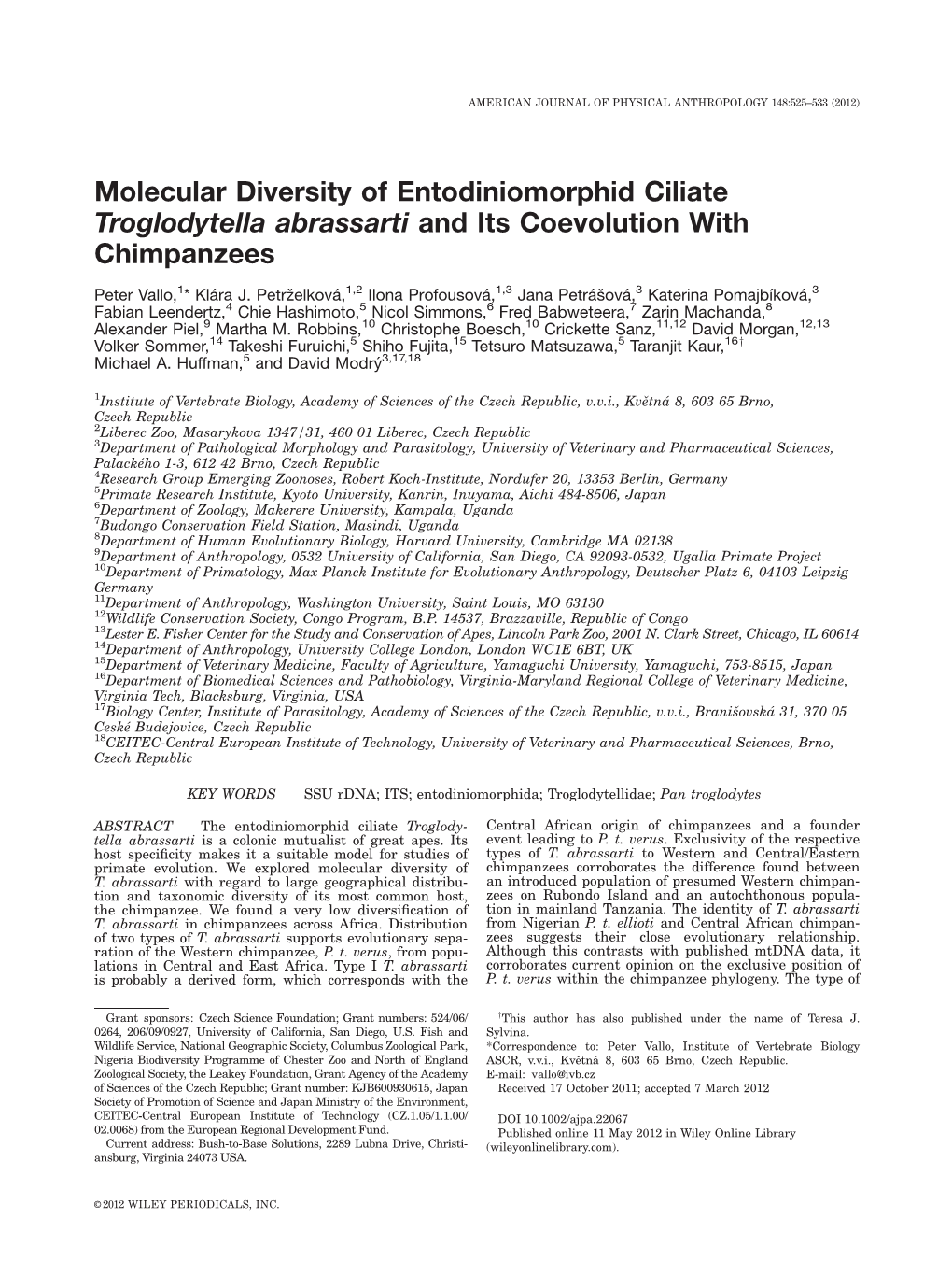 Molecular Diversity of Entodiniomorphid Ciliate Troglodytella Abrassarti and Its Coevolution with Chimpanzees