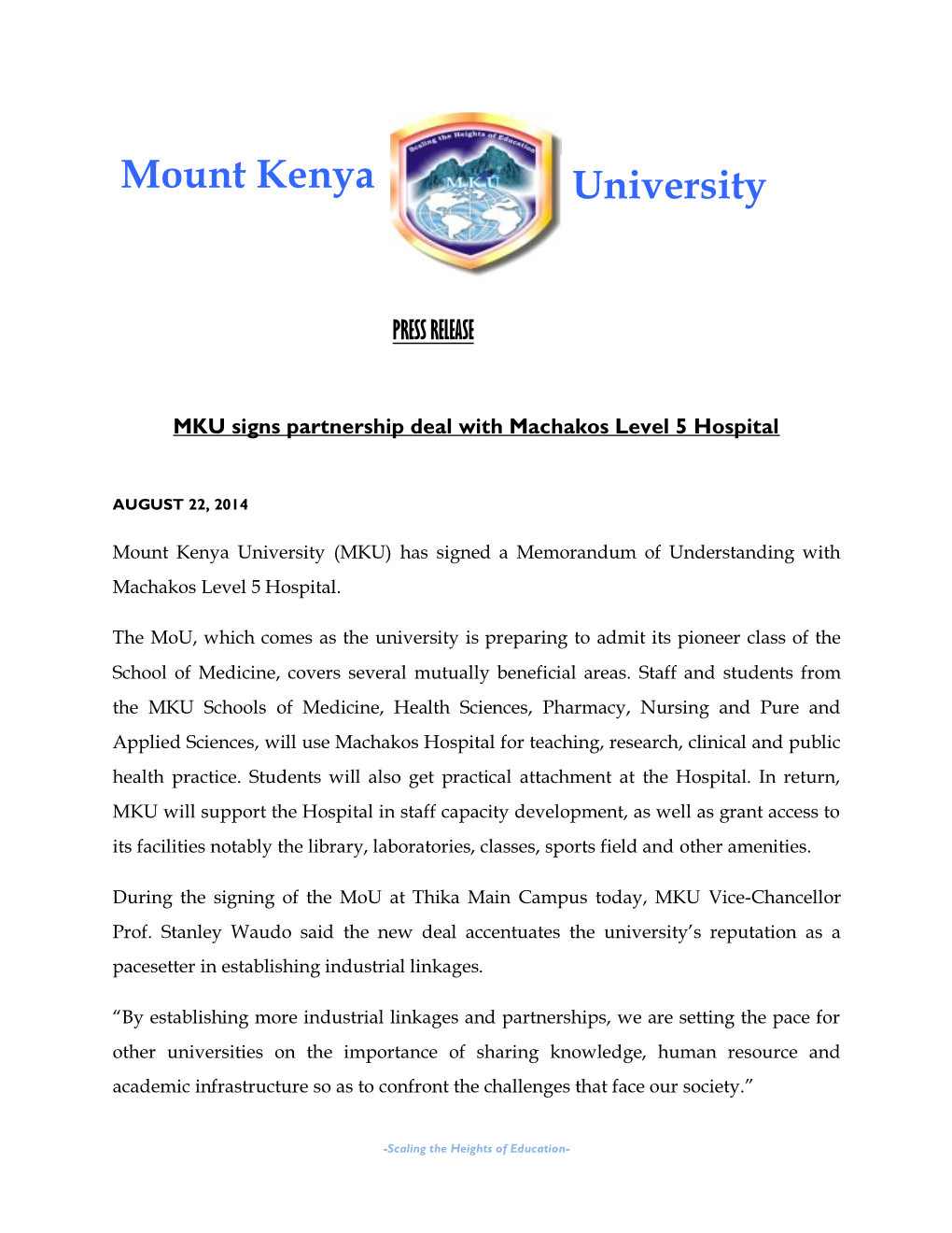 Mount Kenya University and Machakos Hospital