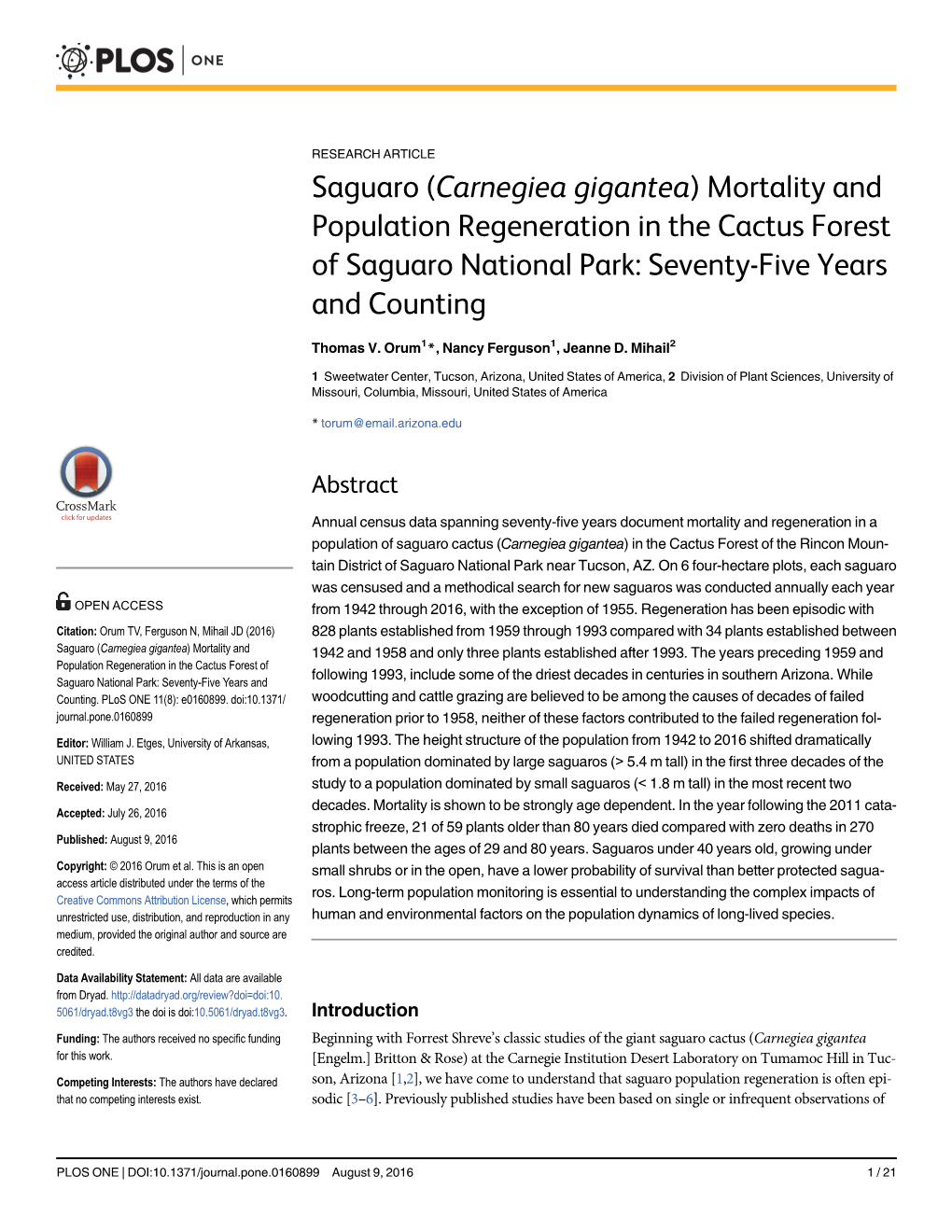(Carnegiea Gigantea) Mortality and Population Regeneration in the Cactus Forest of Saguaro National Park: Seventy-Five Years and Counting