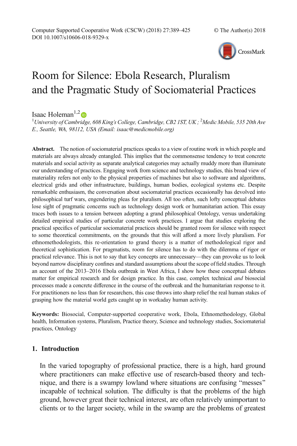 Ebola Research, Pluralism and the Pragmatic Study of Sociomaterial Practices