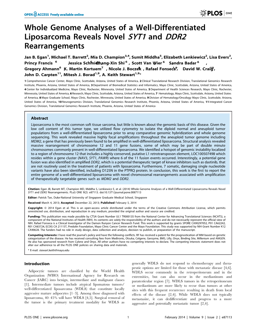 Whole Genome Analyses of a Well-Differentiated Liposarcoma Reveals Novel SYT1 and DDR2 Rearrangements