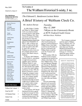 A Brief History of Waltham Clock Co. the Waltham Historical Society, Inc