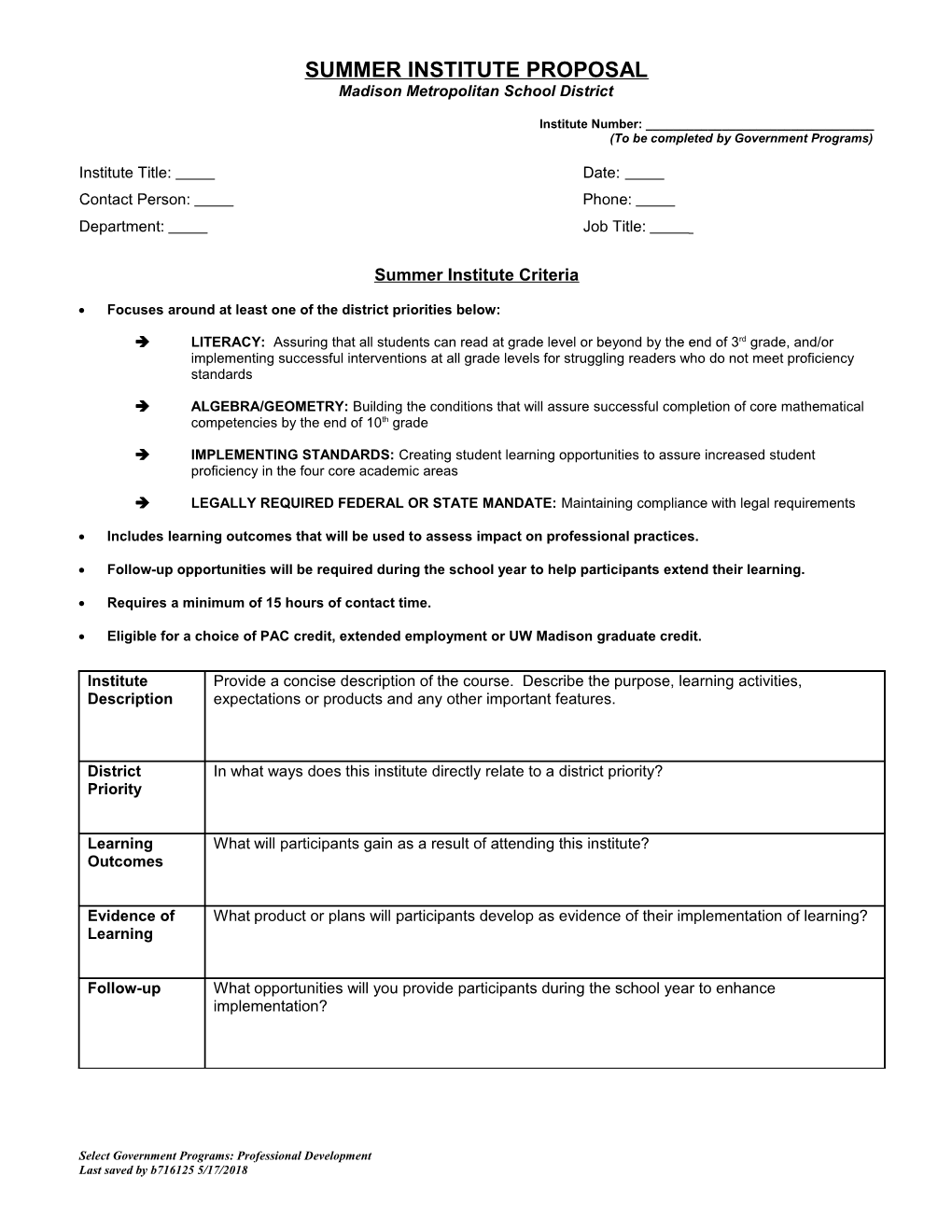 Summer Institute Proposal