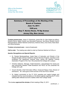Summary of Proceedings at the Meeting of the Board of Trustees June 14, 2011 5:00 P.M