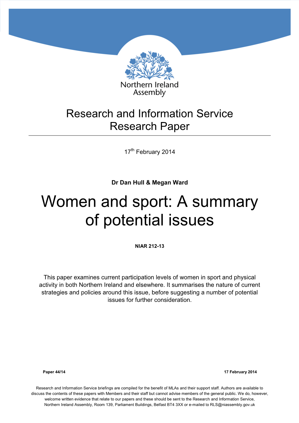 Women and Sport: a Summary of Potential Issues