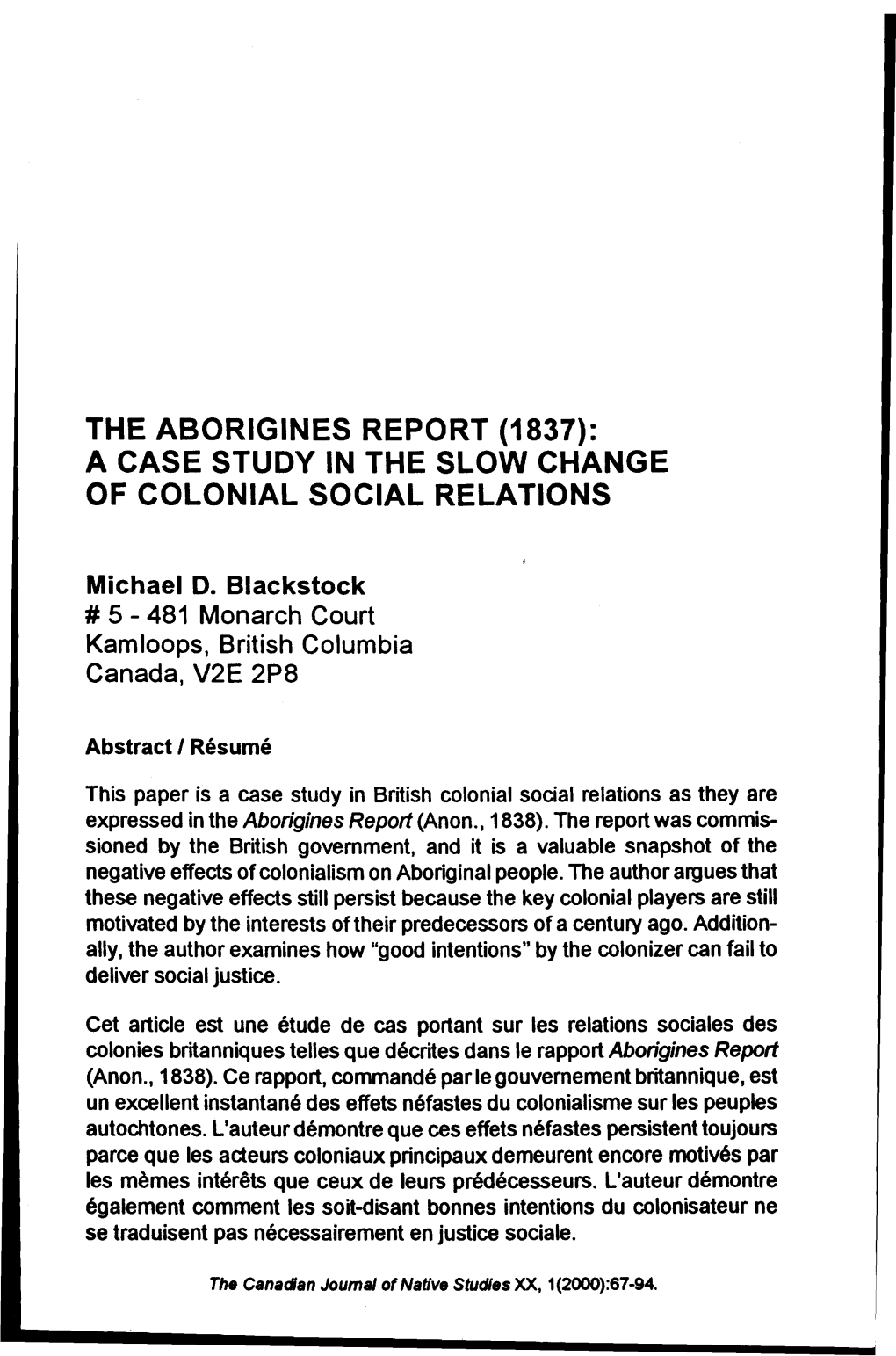 The Aborigines Report (1837): a Case Study in the Slow Change of Colonial Social Relations