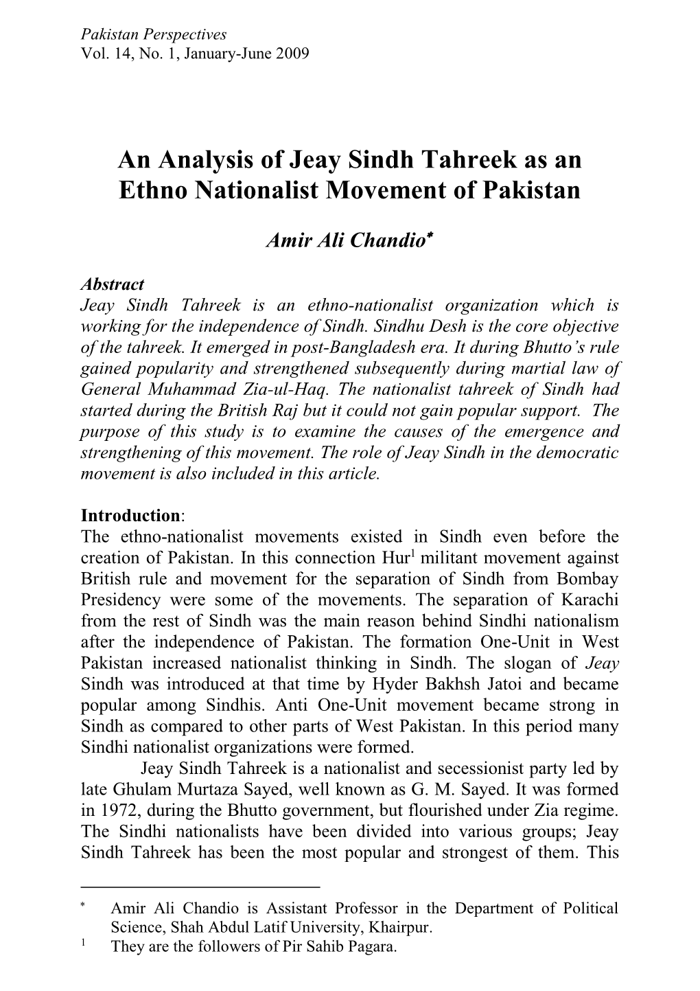 An Analysis of Jeay Sindh Tahreek As an Ethno Nationalist Movement of Pakistan