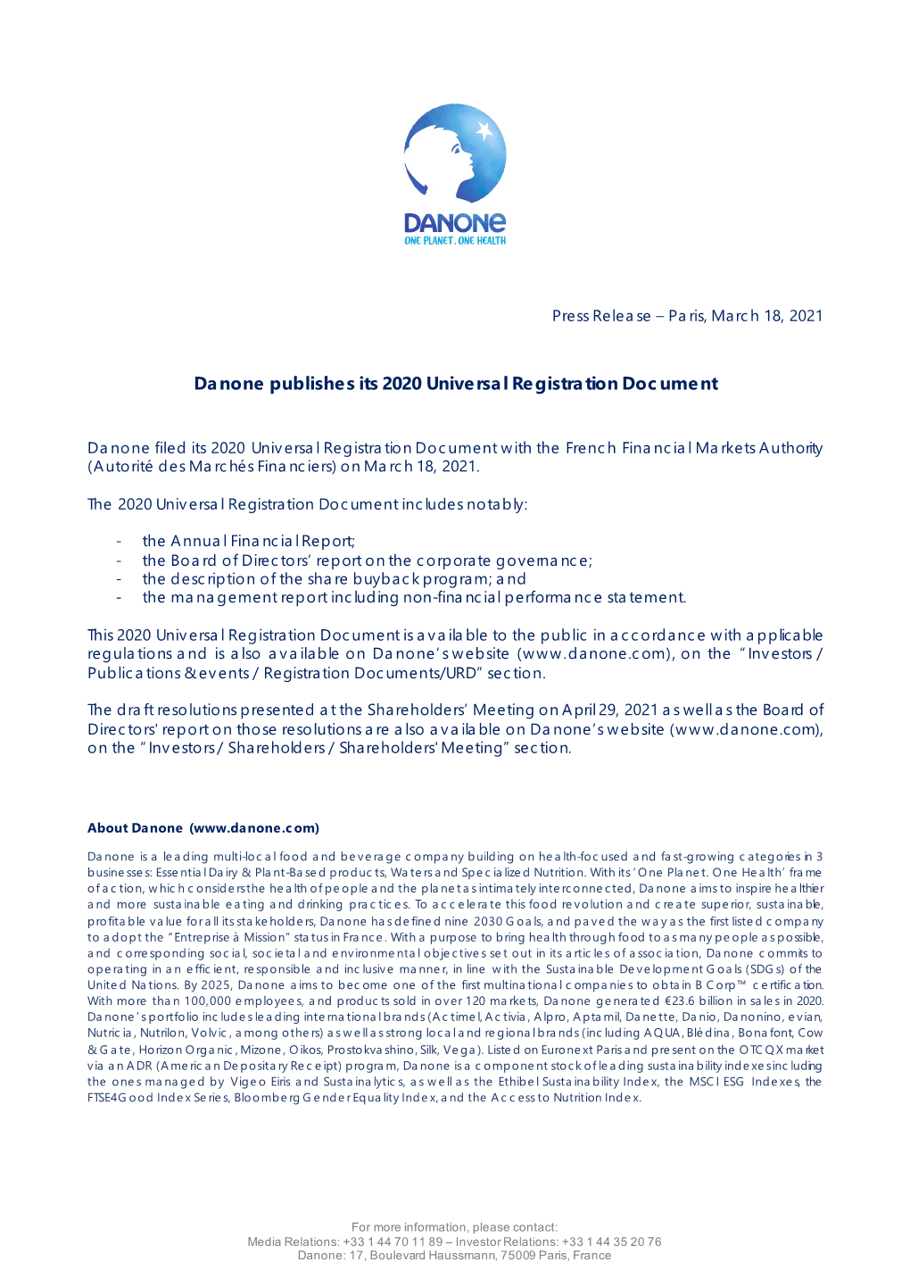 Danone Publishes Its 2020 Universal Registration Document