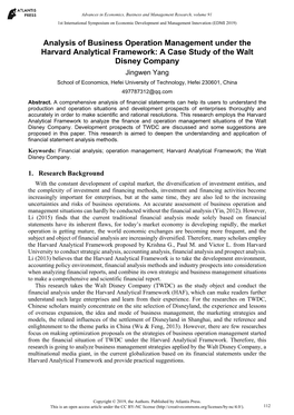 A Case Study of the Walt Disney Company Jingwen Yang School of Economics, Hefei University of Technology, Hefei 230601, China 497787312@Qq.Com Abstract