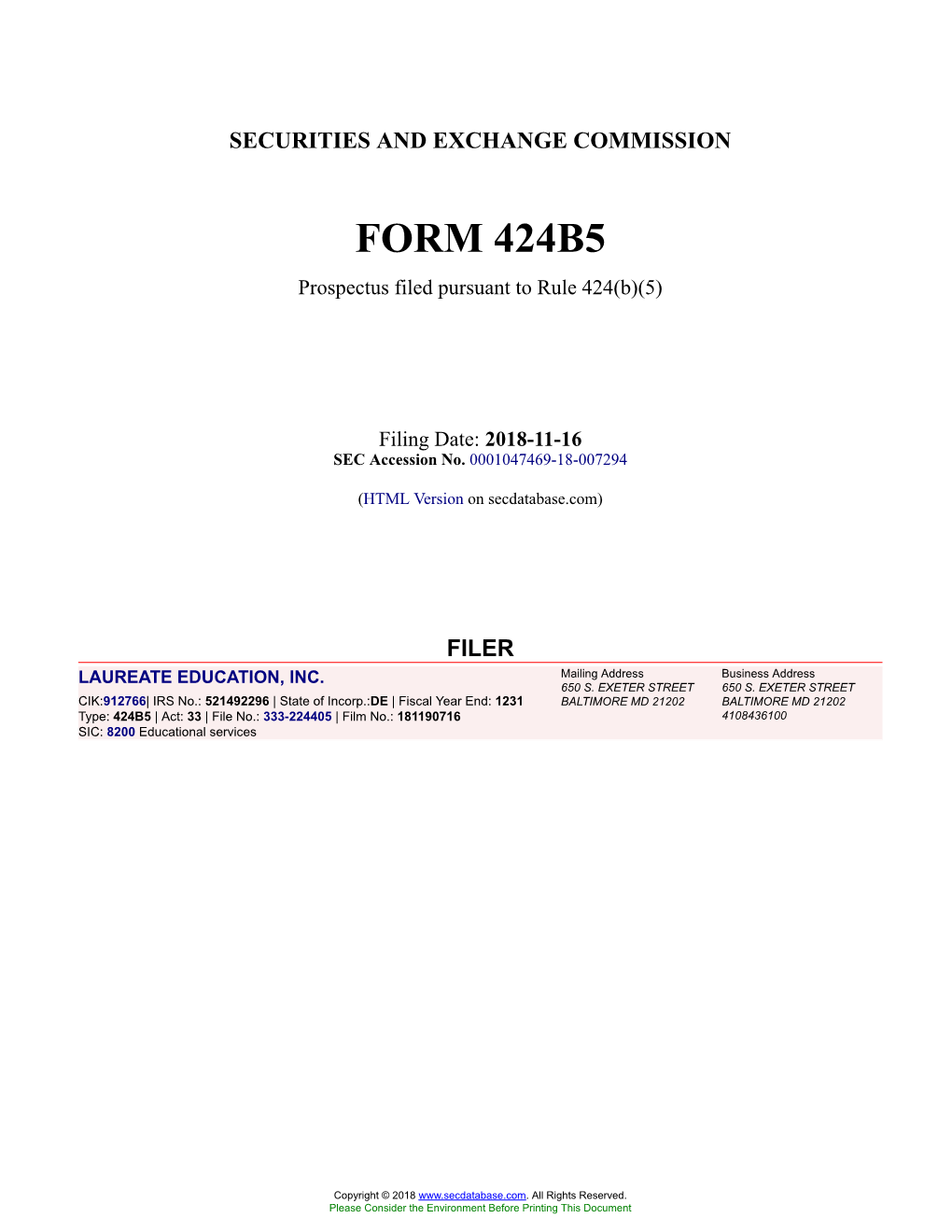 LAUREATE EDUCATION, INC. Form 424B5 Filed 2018-11-16