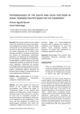 Epistemologies of the South and Local Elections in Spain: Towards Politics Based on the Commons?