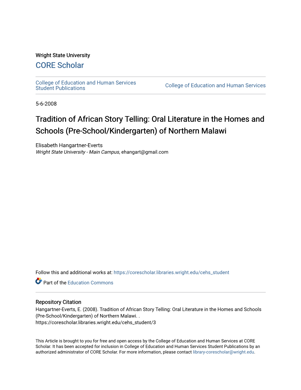 Tradition of African Story Telling: Oral Literature in the Homes and Schools (Pre-School/Kindergarten) of Northern Malawi