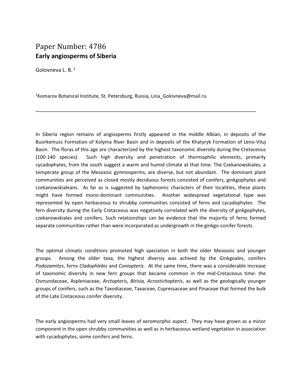 Paper Number: 4786 Early Angiosperms of Siberia