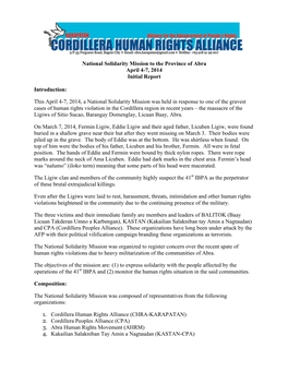 National Solidarity Mission to the Province of Abra April 4-7, 2014 Initial Report
