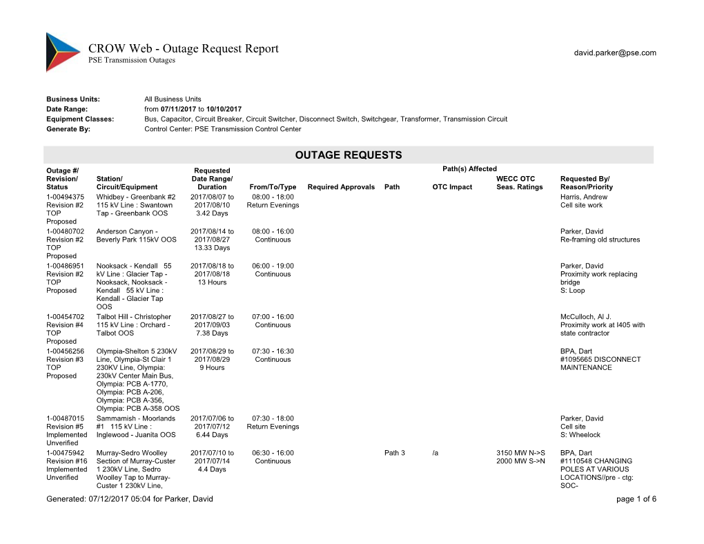 PSE Transmission Outages