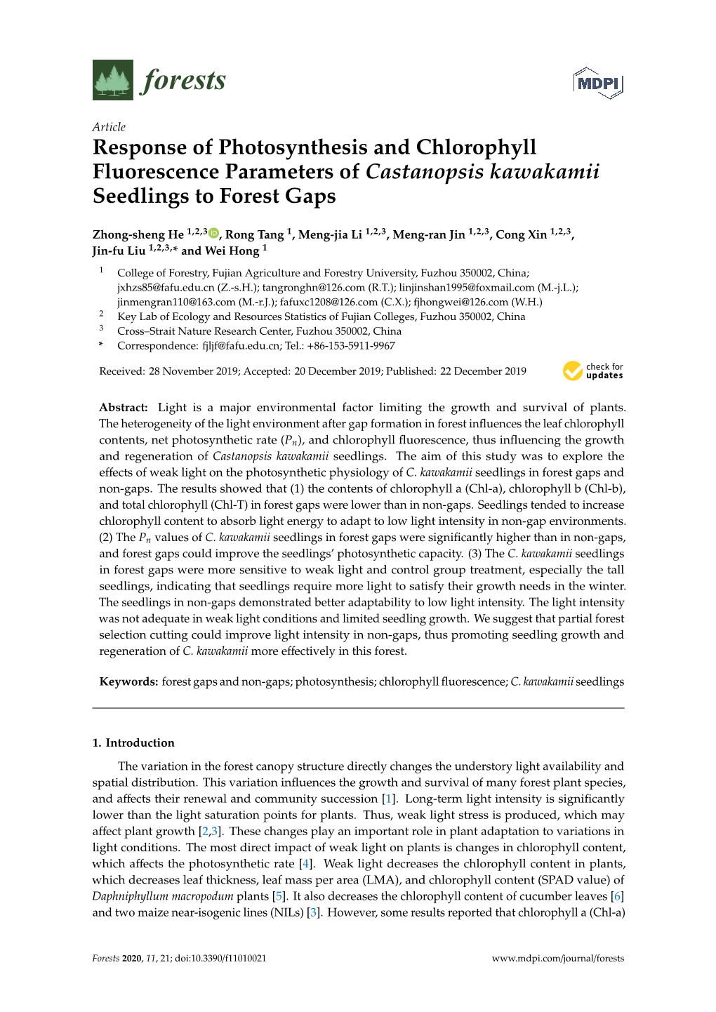 Response of Photosynthesis and Chlorophyll Fluorescence Parameters of Castanopsis Kawakamii Seedlings to Forest Gaps