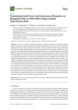 Examining Land Cover and Greenness Dynamics in Hangzhou Bay in 1985–2016 Using Landsat Time-Series Data