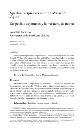 Spartan Suspicions and the Massacre, Again1 Sospechas Espartanas Y La Masacre, De Nuevo