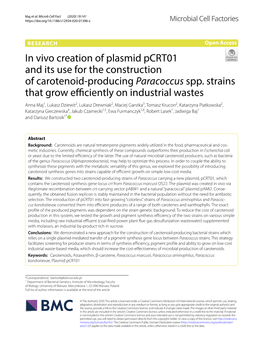 In Vivo Creation of Plasmid Pcrt01 and Its Use for the Construction of Carotenoid‑Producing Paracoccus Spp