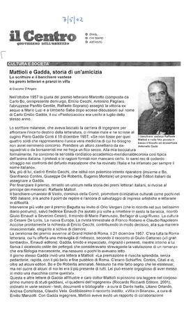 Mattioli E Gadda, Storia Di Un'amicizia. In