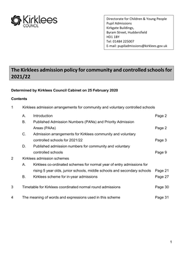 The Kirklees Admission Policy for Community and Controlled Schools for 2021/22