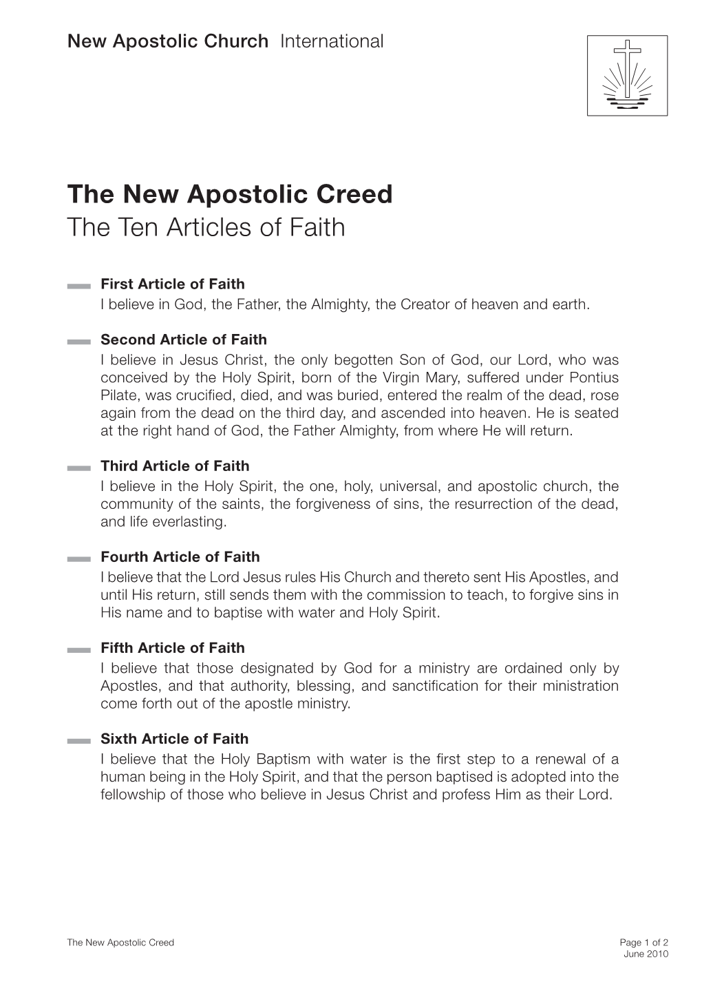 The New Apostolic Creed the Ten Articles of Faith