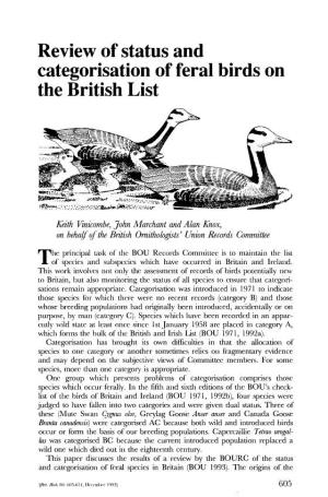 Review of Status and Categorisation of Feral Birds on the British List