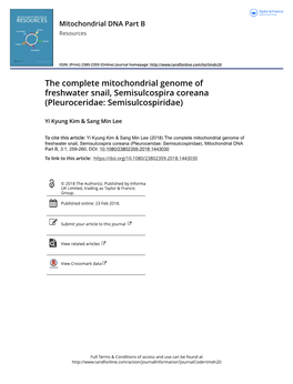 The Complete Mitochondrial Genome of Freshwater Snail, Semisulcospira Coreana (Pleuroceridae: Semisulcospiridae)
