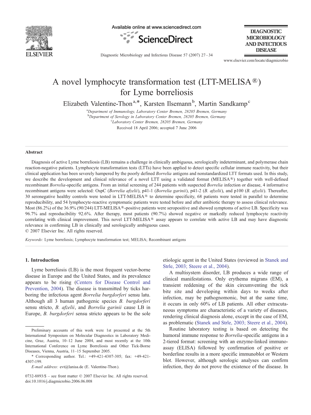 A Novel Lymphocyte Transformation Test (LTT-MELISAR) for Lyme Borreliosis