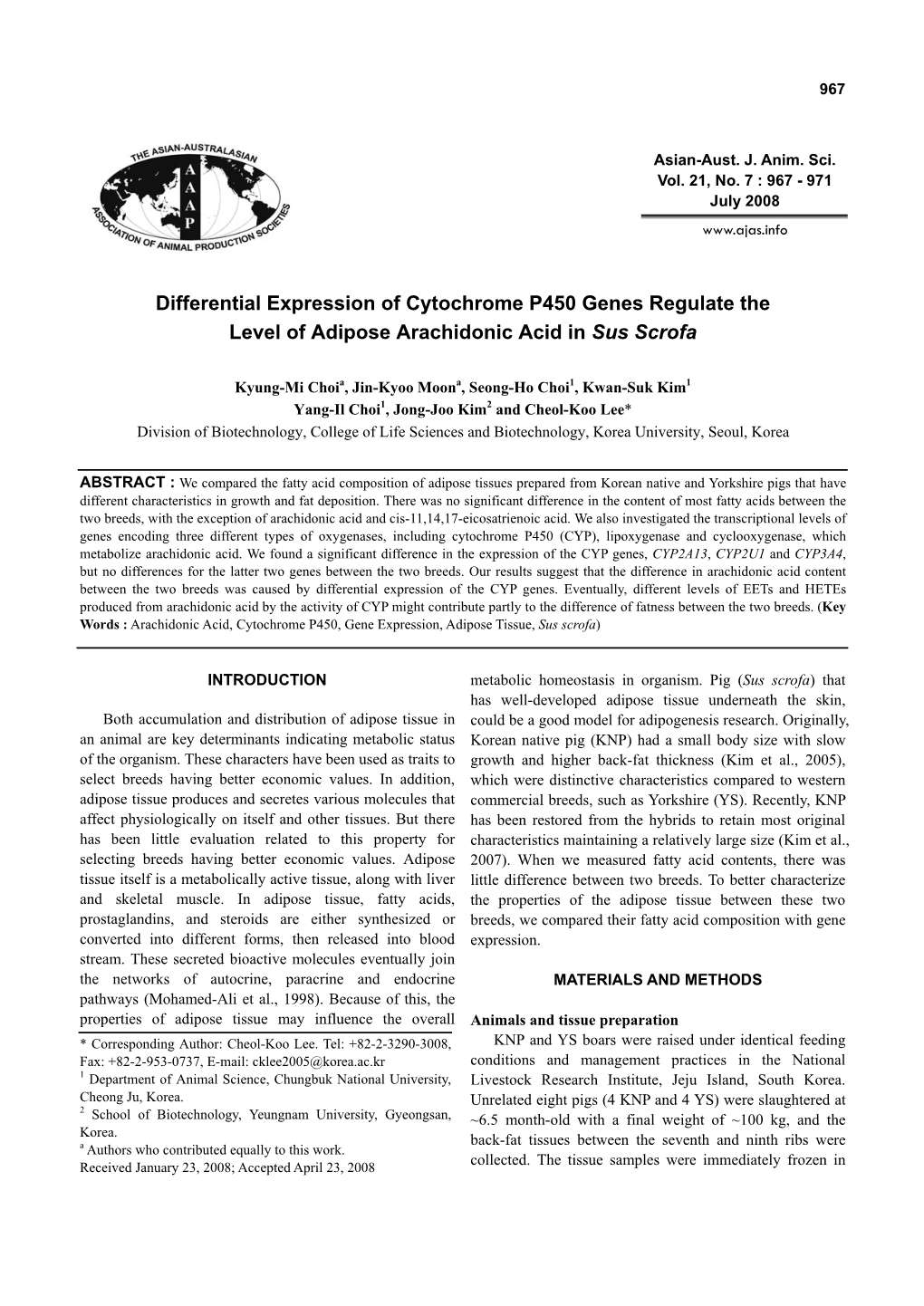 Differential Expression of Cytochrome P450 Genes Regulate the Level of Adipose Arachidonic Acid in Sus Scrofa