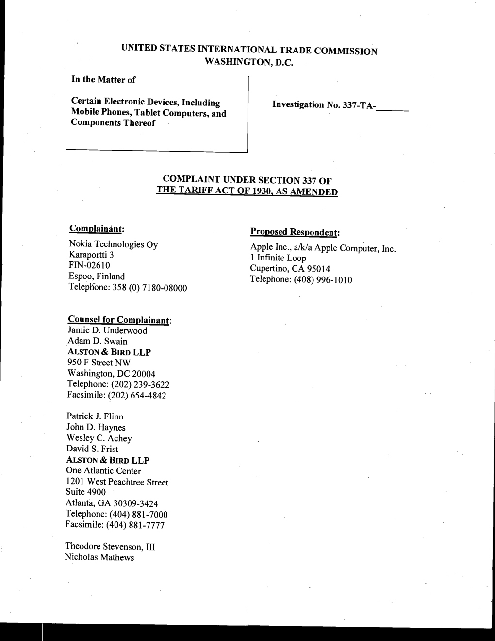 Complaint Under Section 337 of the Tariff Act of 1930, As Amended