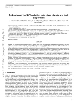 Estimation of the XUV Radiation Onto Close Planets and Their Evaporation in the Whole XUV Range (X-Rays+EUV) Are Absorbed and Con- Table 1