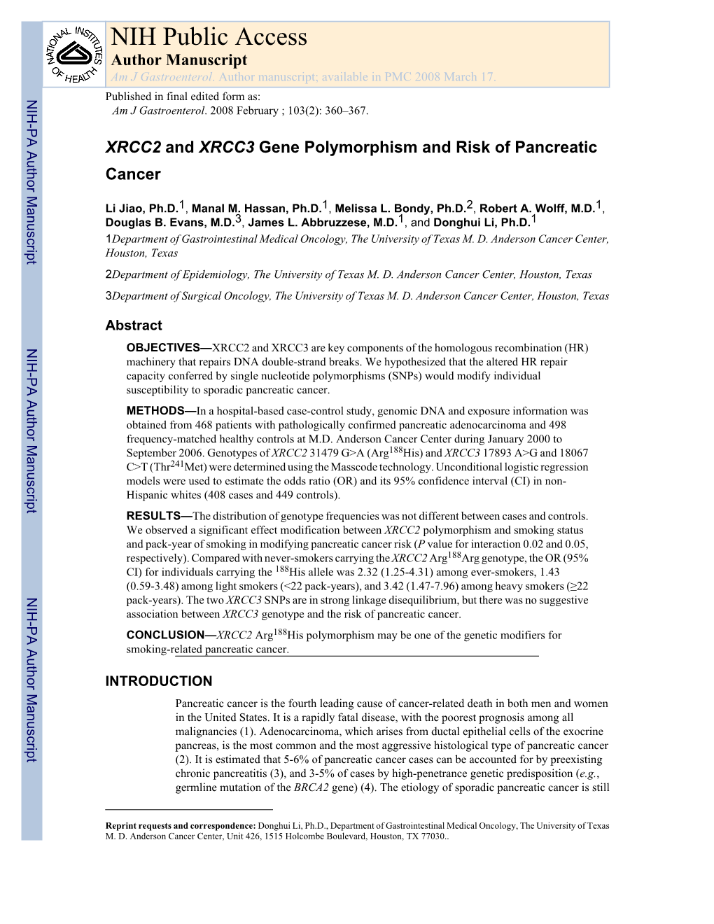 XRCC2 and XRCC3 Gene Polymorphism and Risk of Pancreatic Cancer