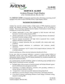 SERVICE ALERT Avidyne Primary Flight Display {P/Ns: 700-00006-000,-001,-002,-003,-100}