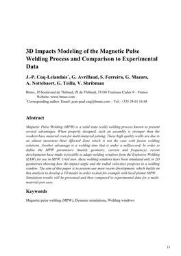 3D Impacts Modeling of the Magnetic Pulse Welding Process and Comparison to Experimental Data